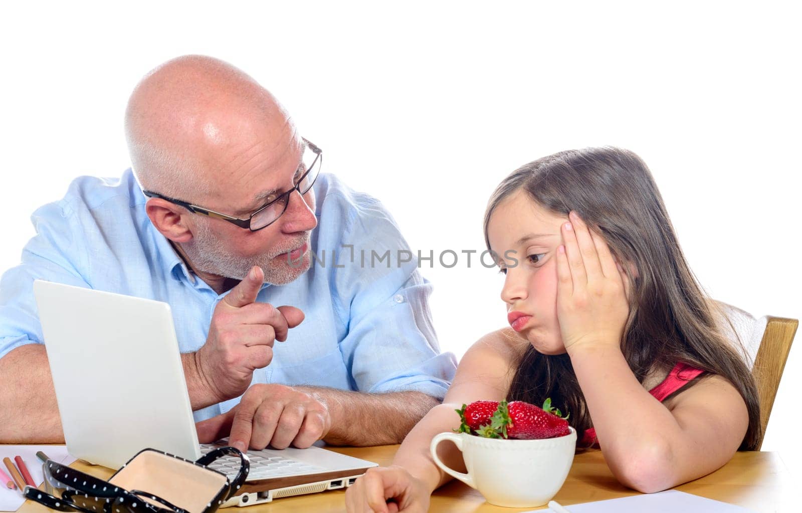 dad is angry with his daughter on white background