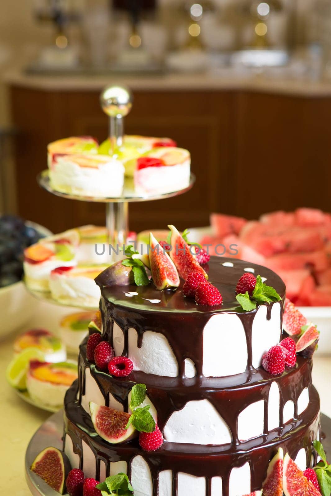 Chocolate cake with figs and raspberries close-up