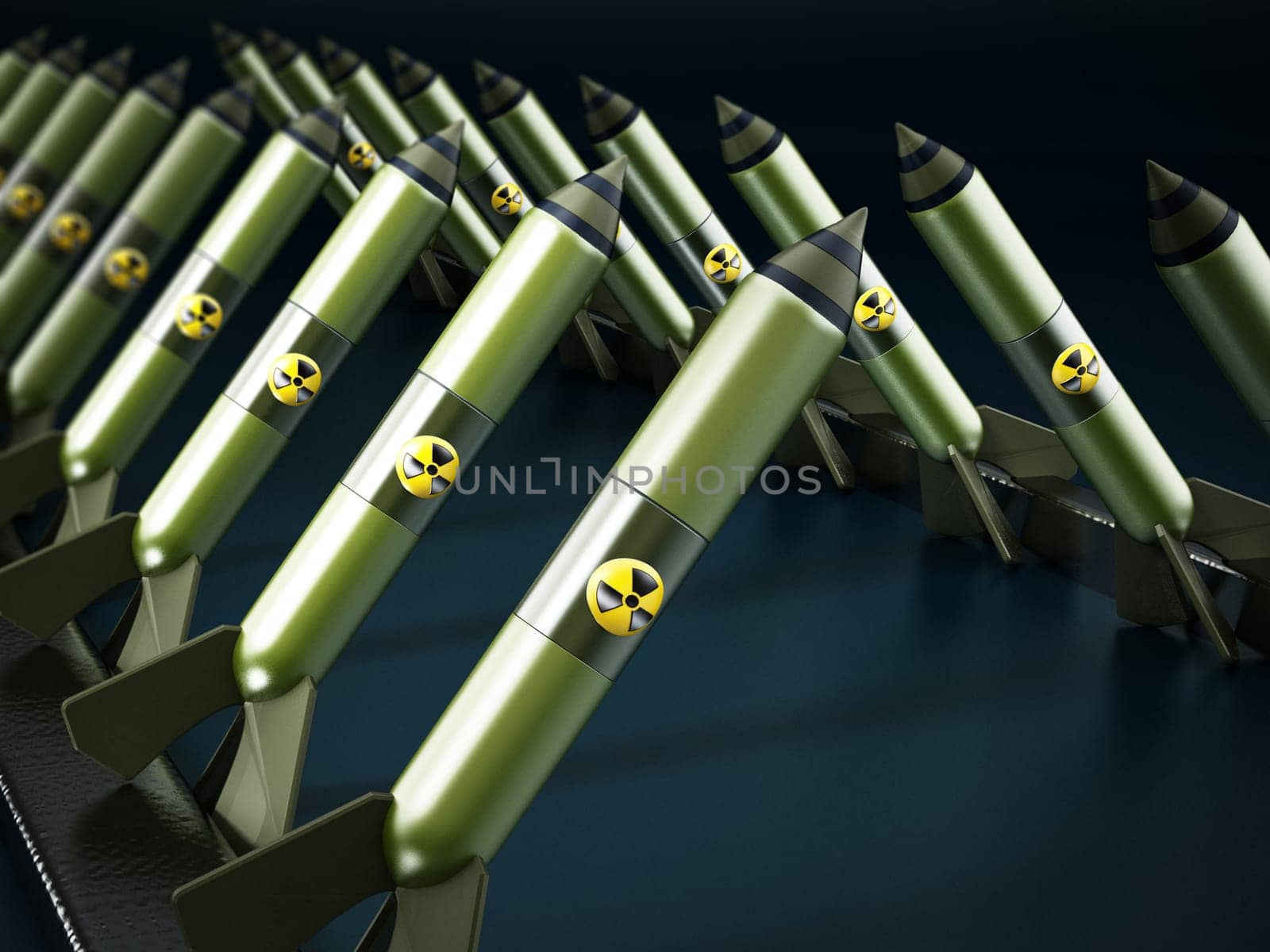 Nuclear missiles in a row. 3D illustration.
