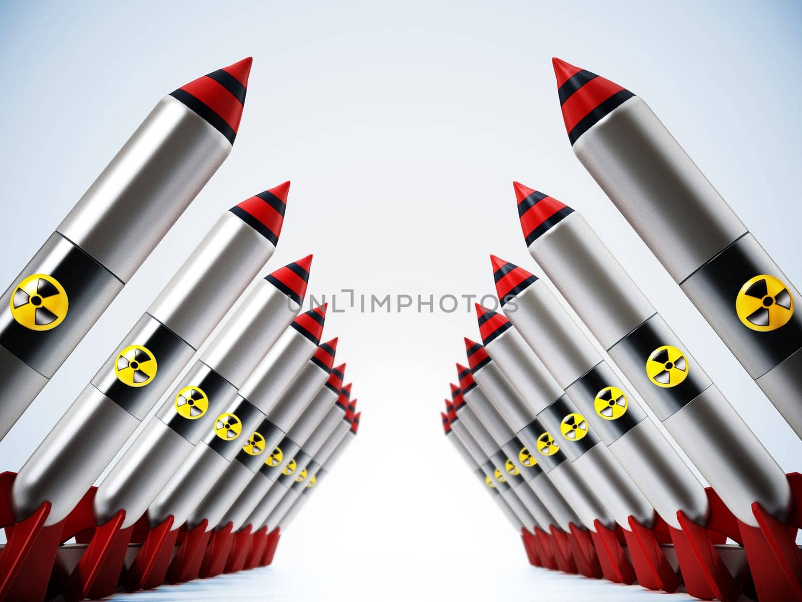 Nuclear missiles in a row. 3D illustration.