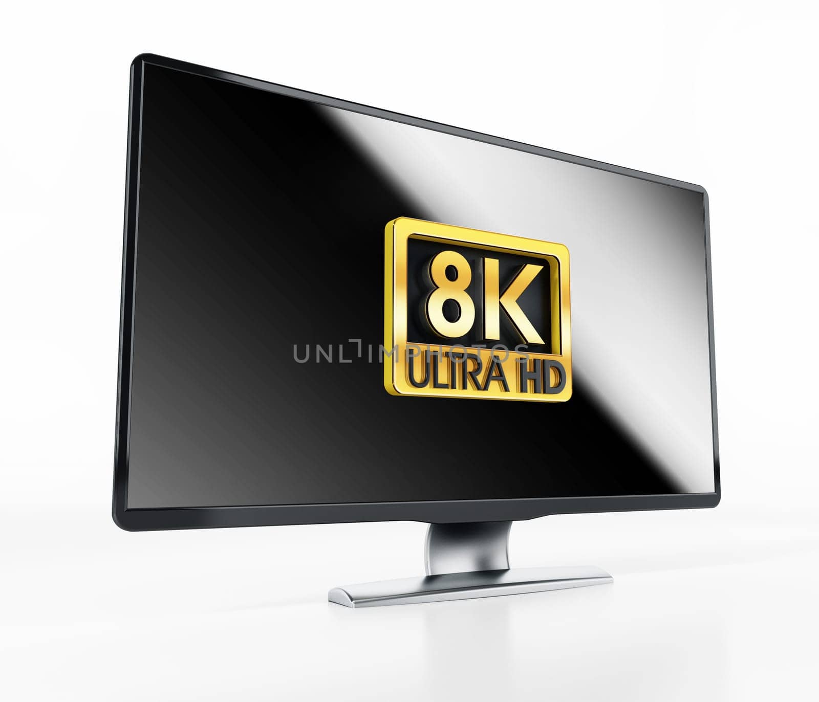 Gold 8K Ultra HD label on generic TV with reflection. 3D illustration.