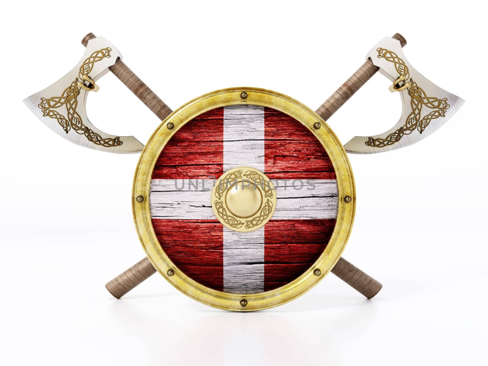 Viking shield and axes isolated on white background. 3D illustration.