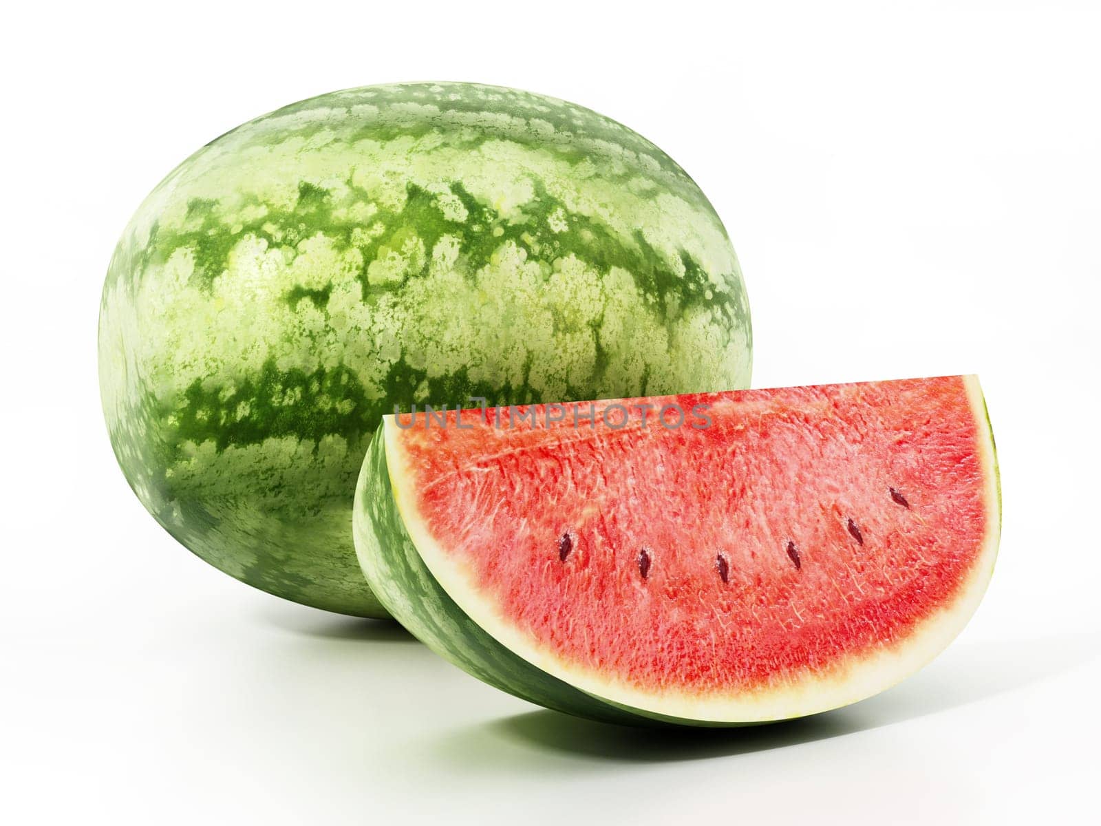 Fresh watermelon and one slice isolated on white background. 3D illustration.