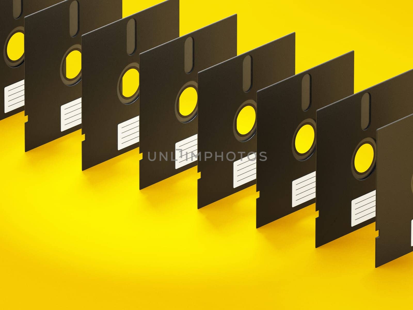 5.25 inch floppy disks isolated on yellow background. 3D illustration.