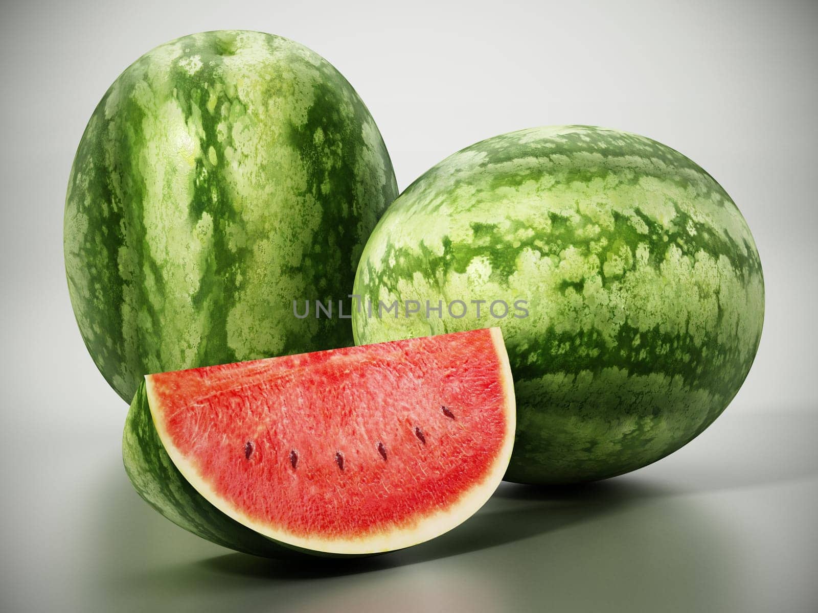 Fresh watermelons and one watermelon slice. 3D illustration.