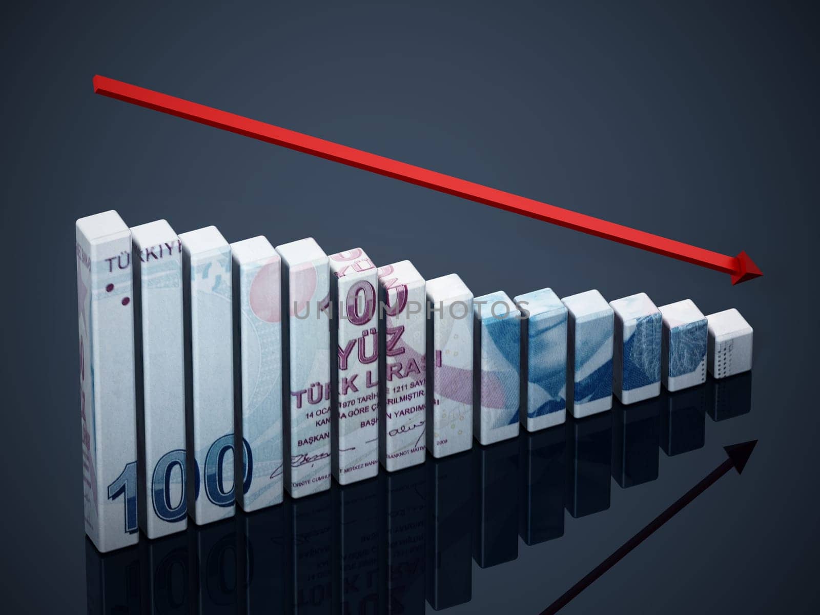 Turkish Lira textured bars and falling arrow. 3D illustration.
