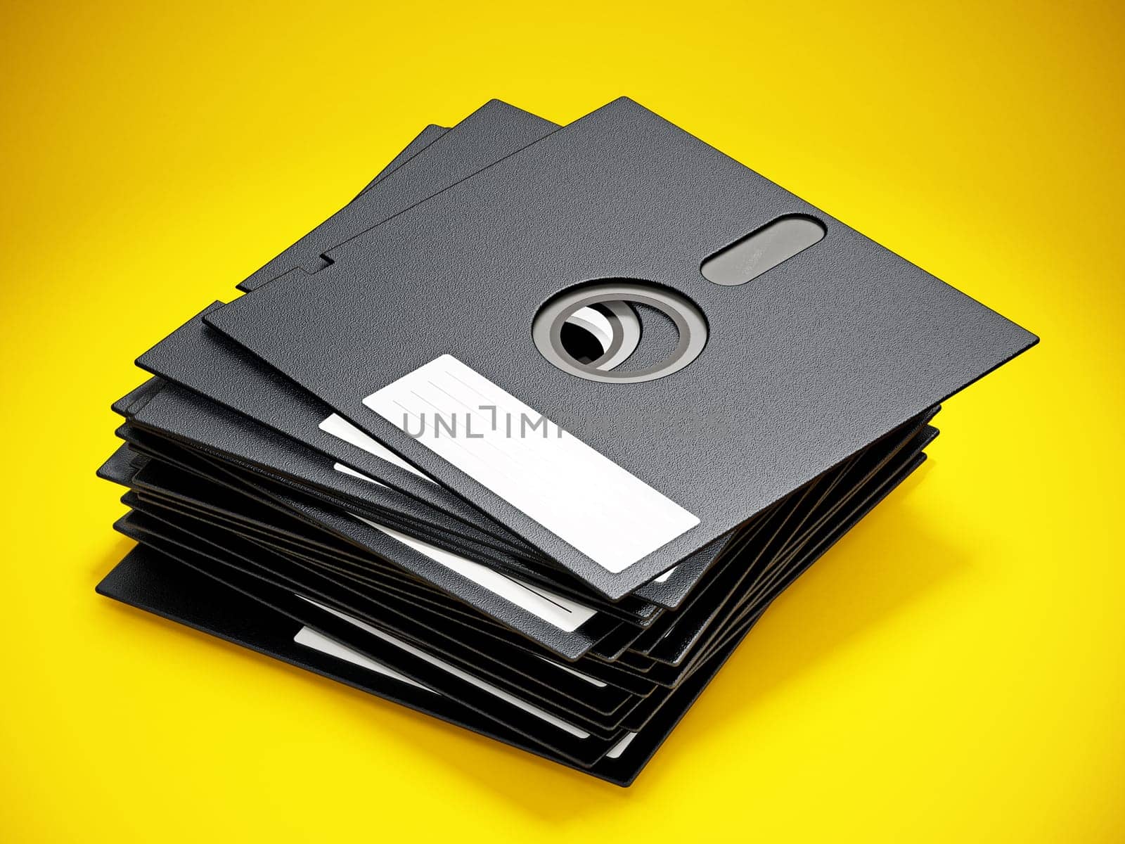 5.25 inch floppy disks isolated on yellow background. 3D illustration.