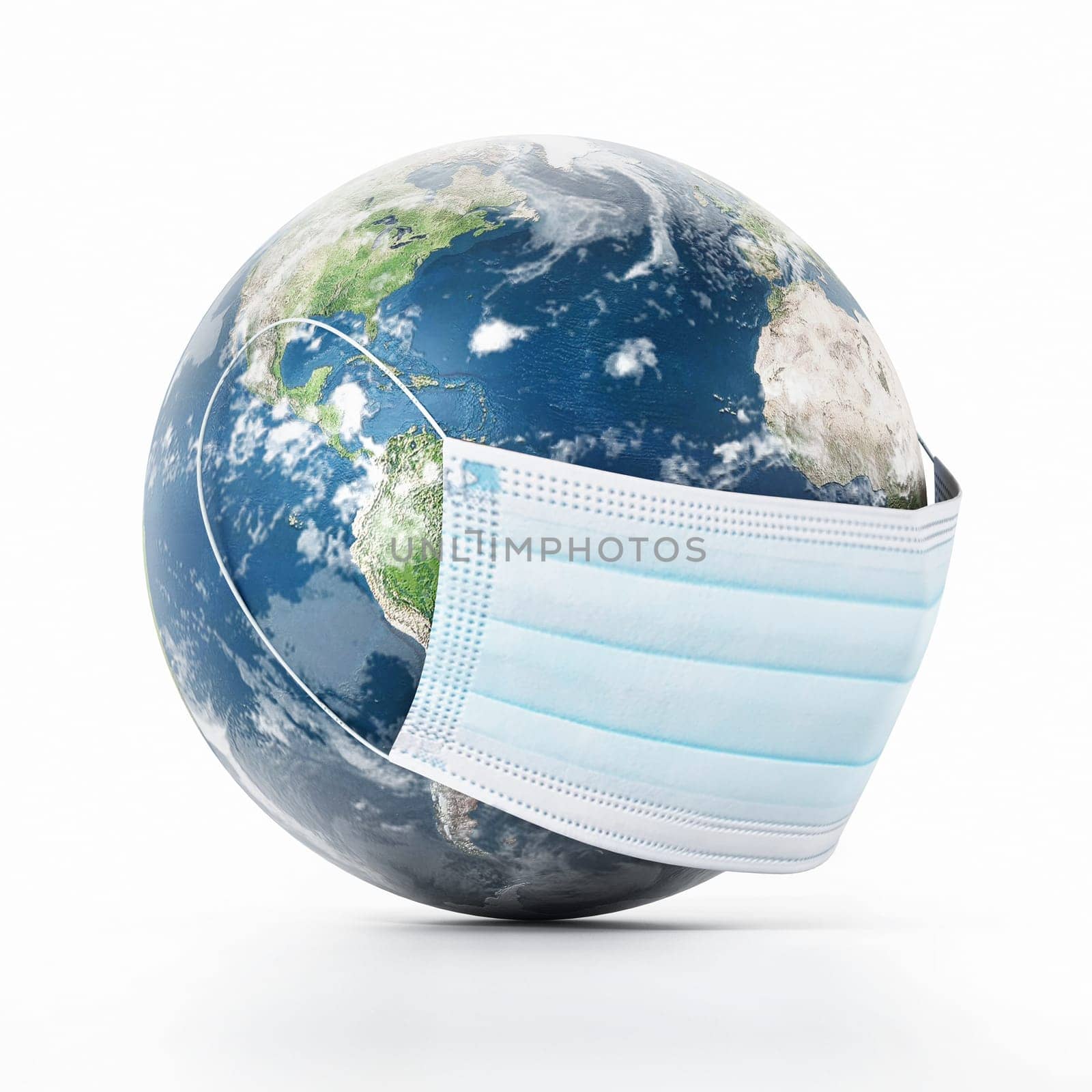Surgeon's mask on earth isolated on white background. 3D illustration.