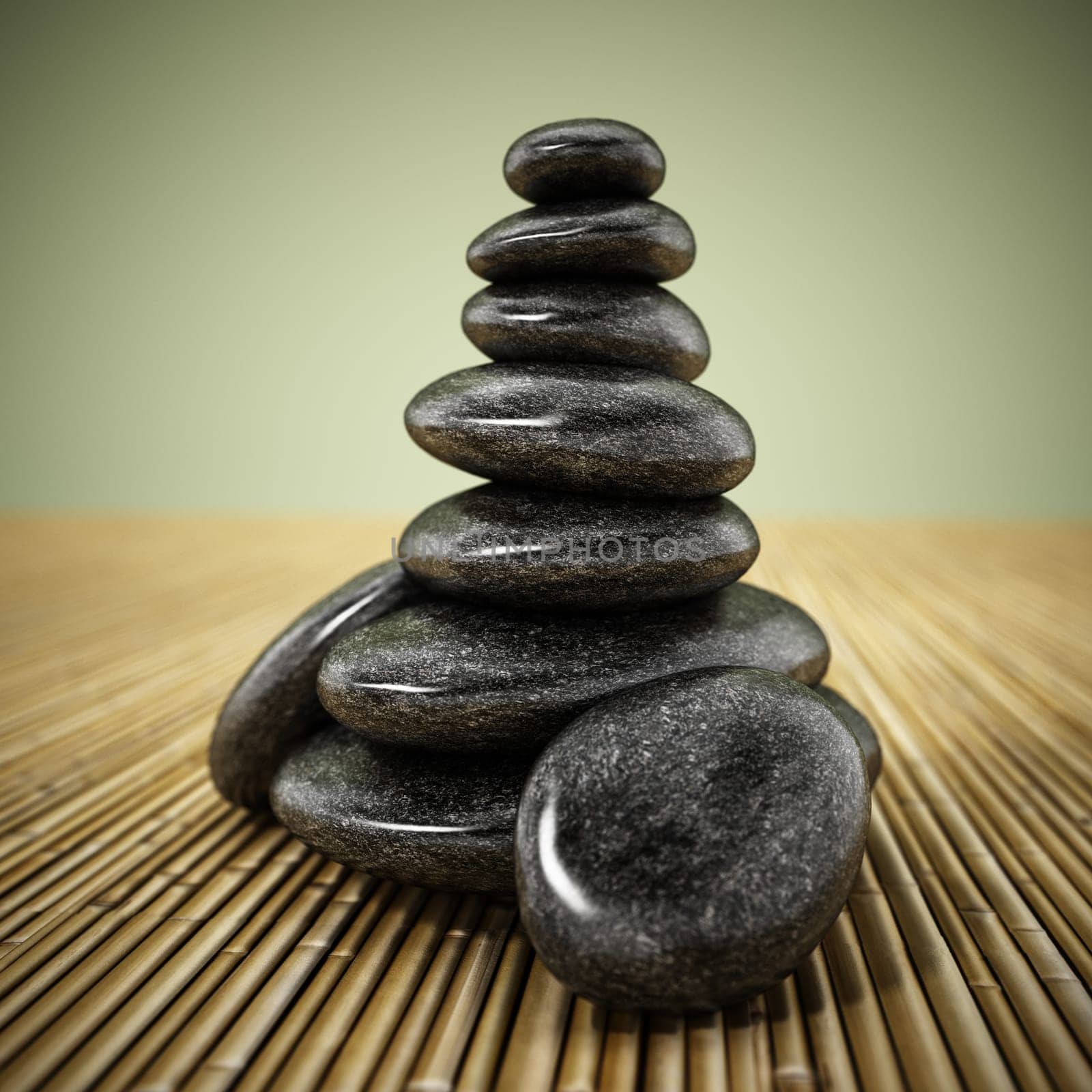Black balancing stones standing on bamboo background. 3D illustration.