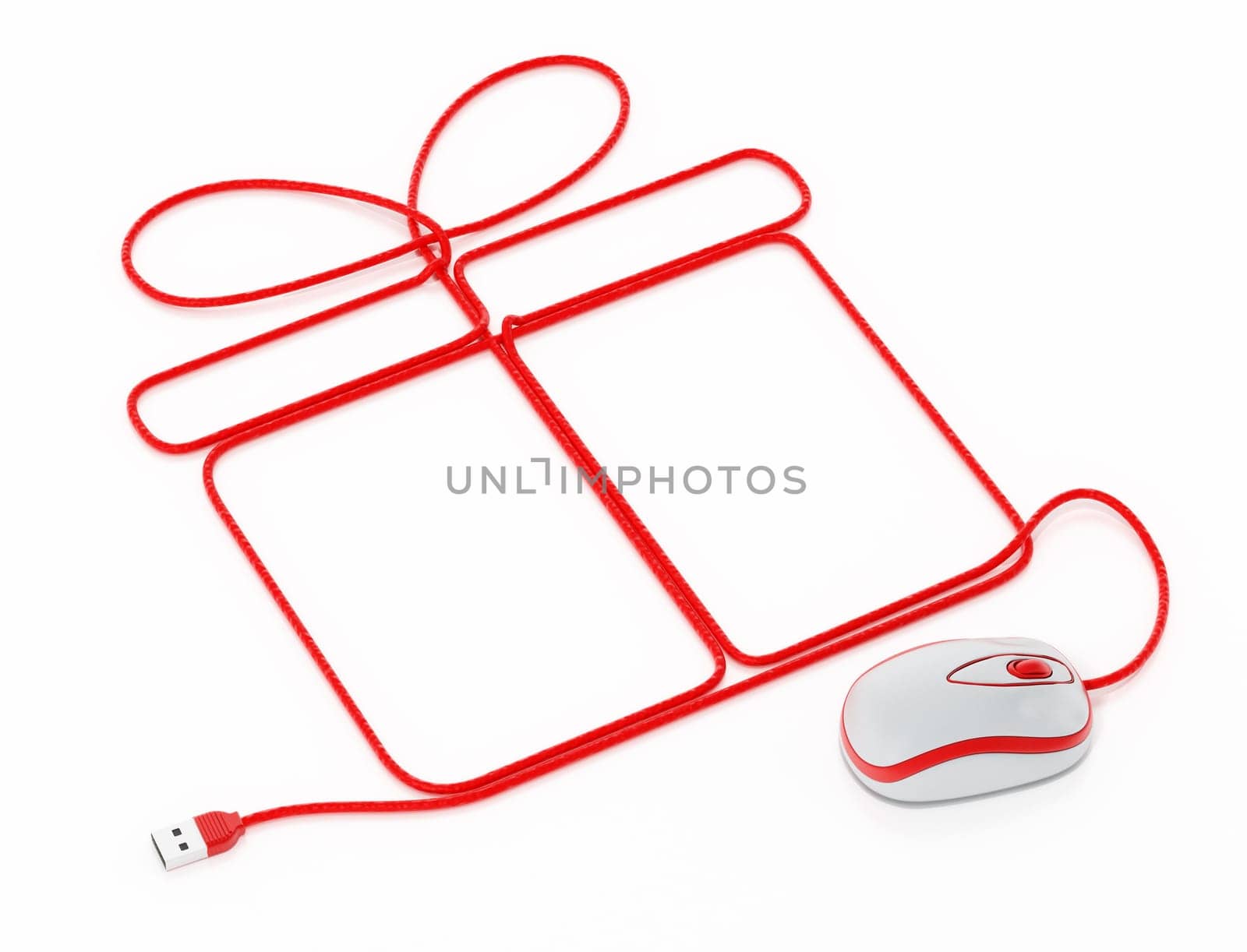 Mouse connected to cord forming giftbox shape. 3D illustration.