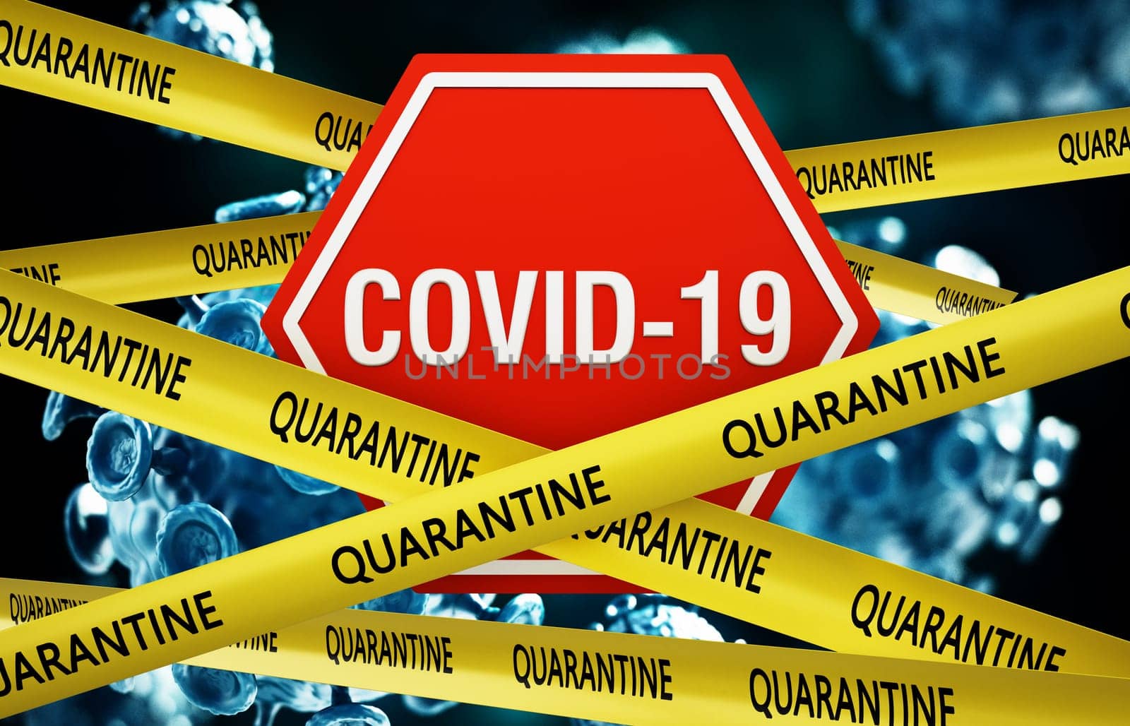 Covid-19 signboard among yellow tapes with quarantine word. 3D illustration.