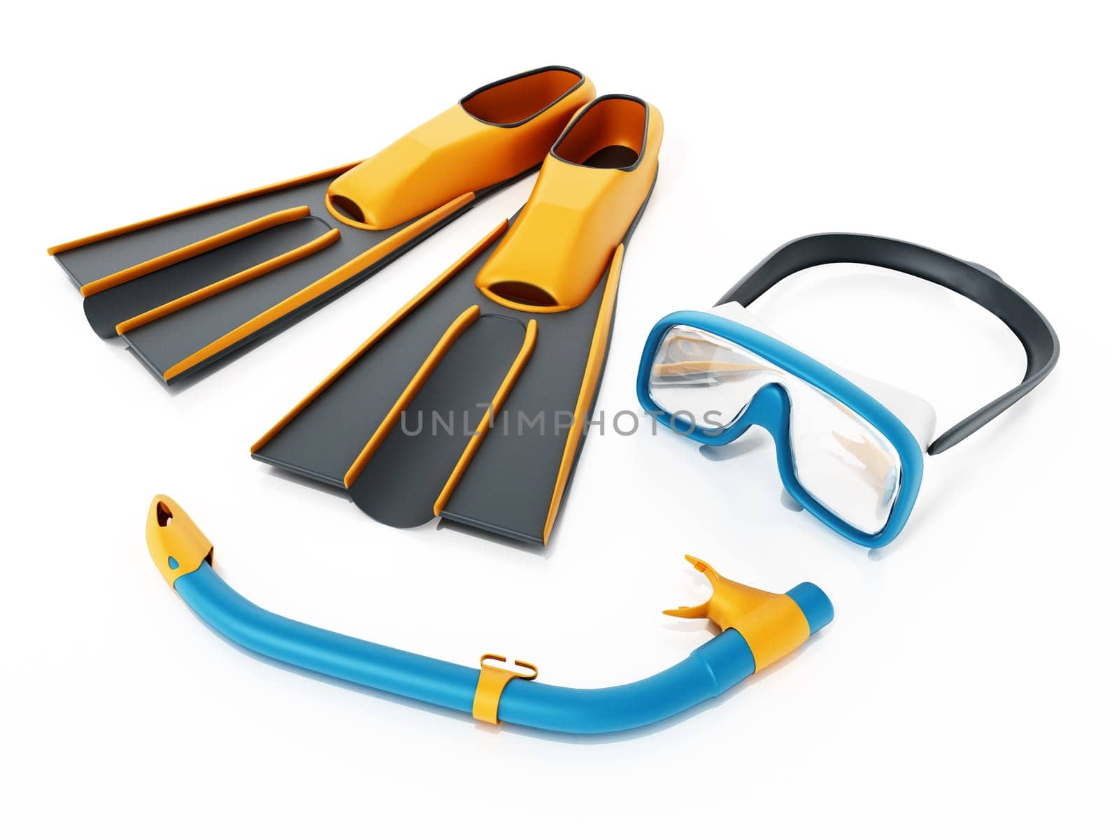 A pair of diving fins and snorkel isolated on white background. 3D illustration.