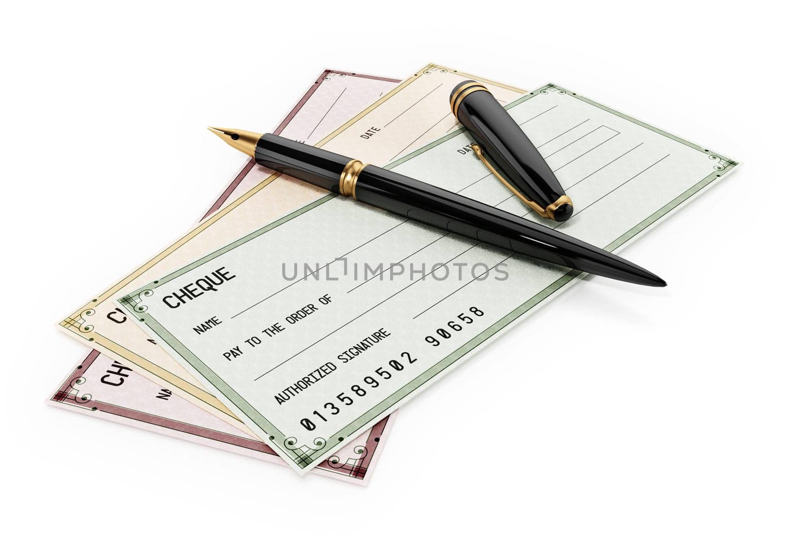 Colored cheques and ink pen isolated on white background. 3D illustration.