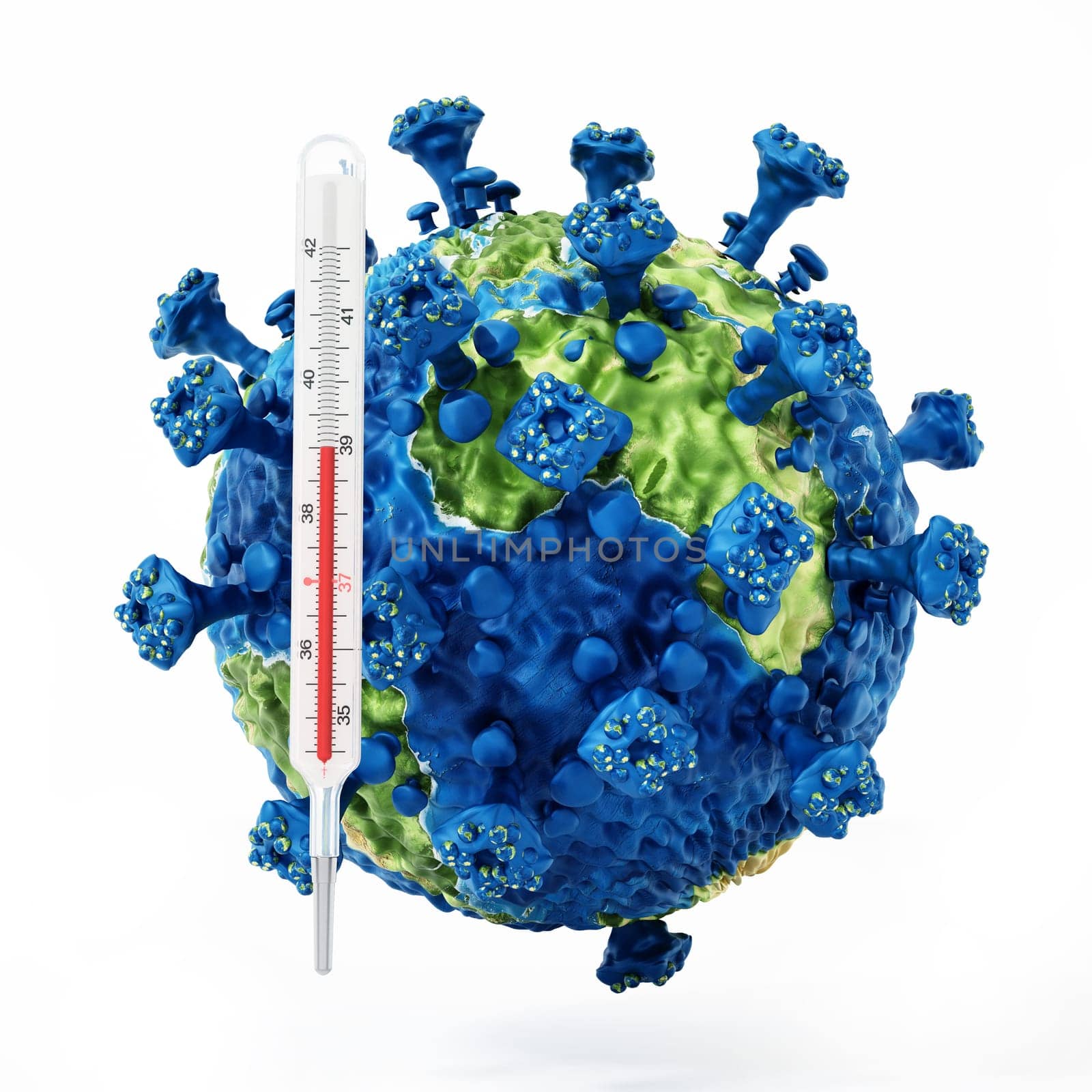 World map textured virus and thermometer isolated on white background. 3D illustration.
