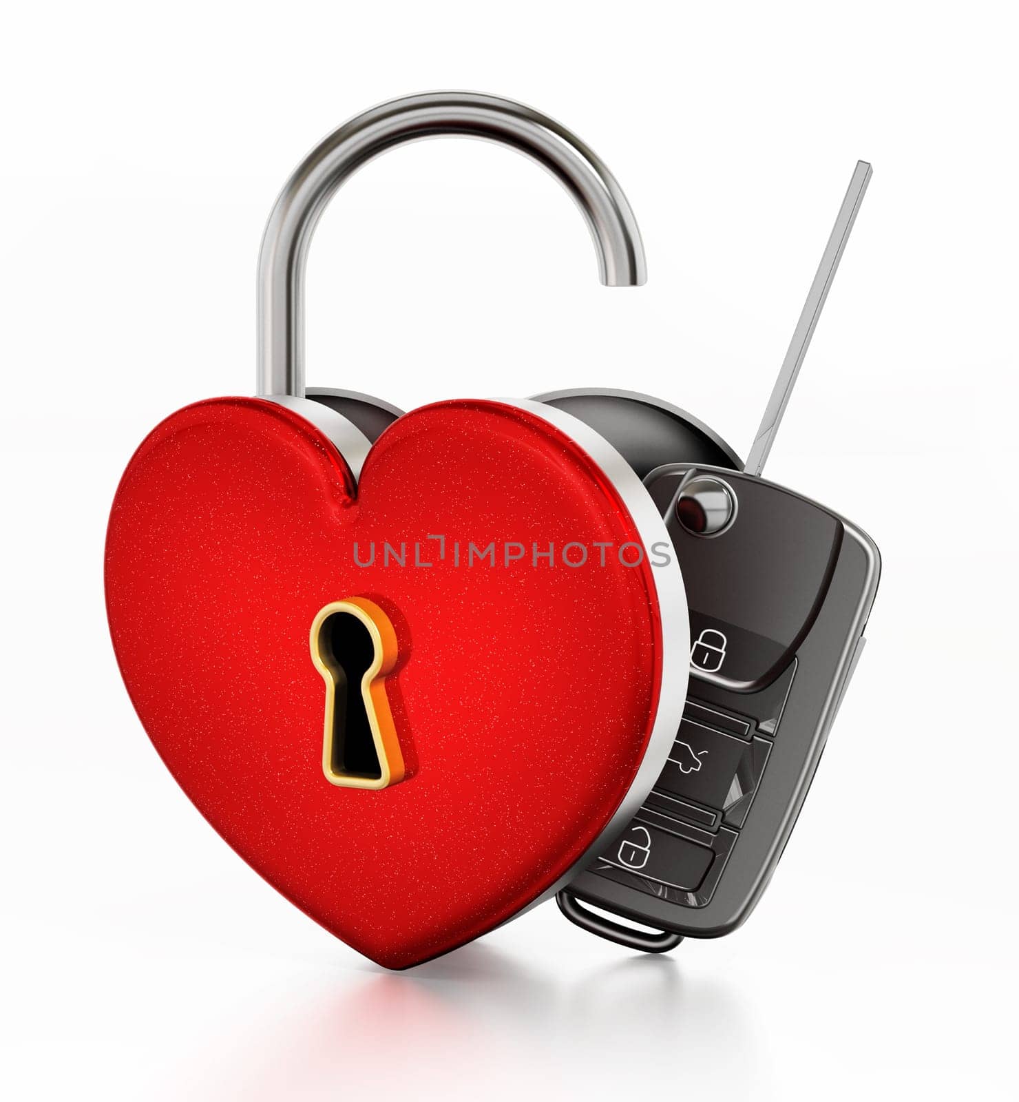 Car key inside open red heart shaped box. 3D illustration.