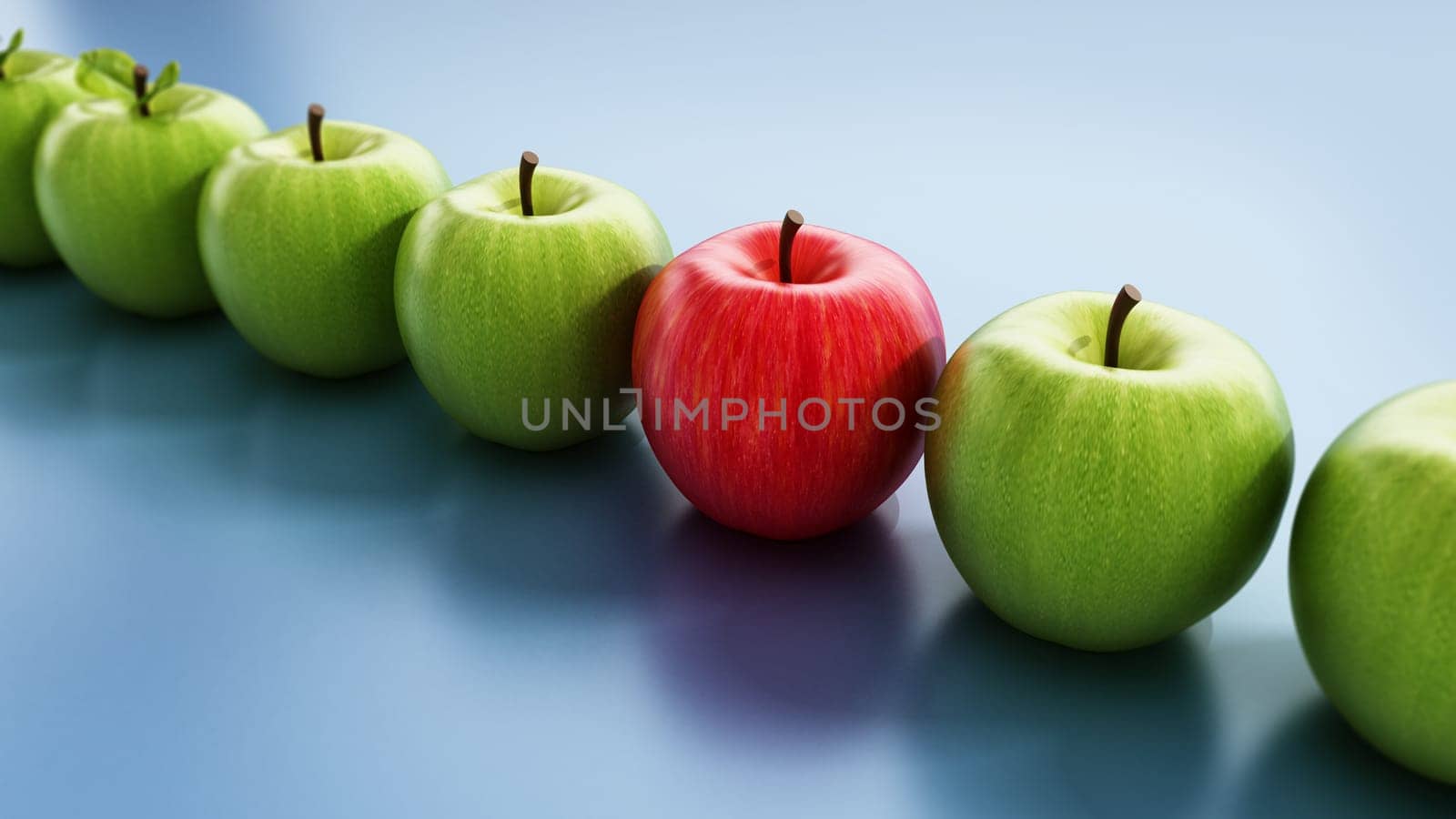 Red apple standing out from green apples. 3D illustration.
