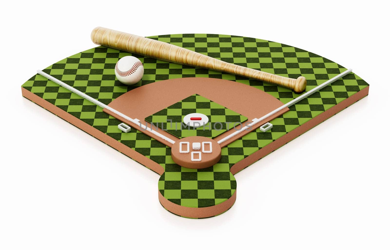 Baseball bat and ball standing on baseball court. 3D illustration.