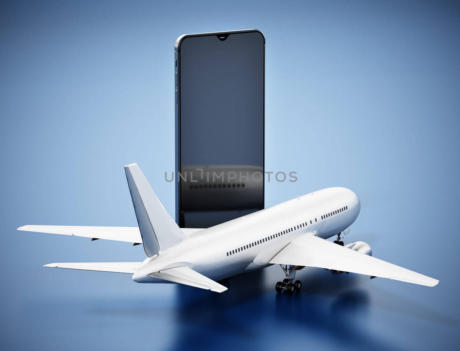 Airplane standing near smartphone screen. 3D illustration.