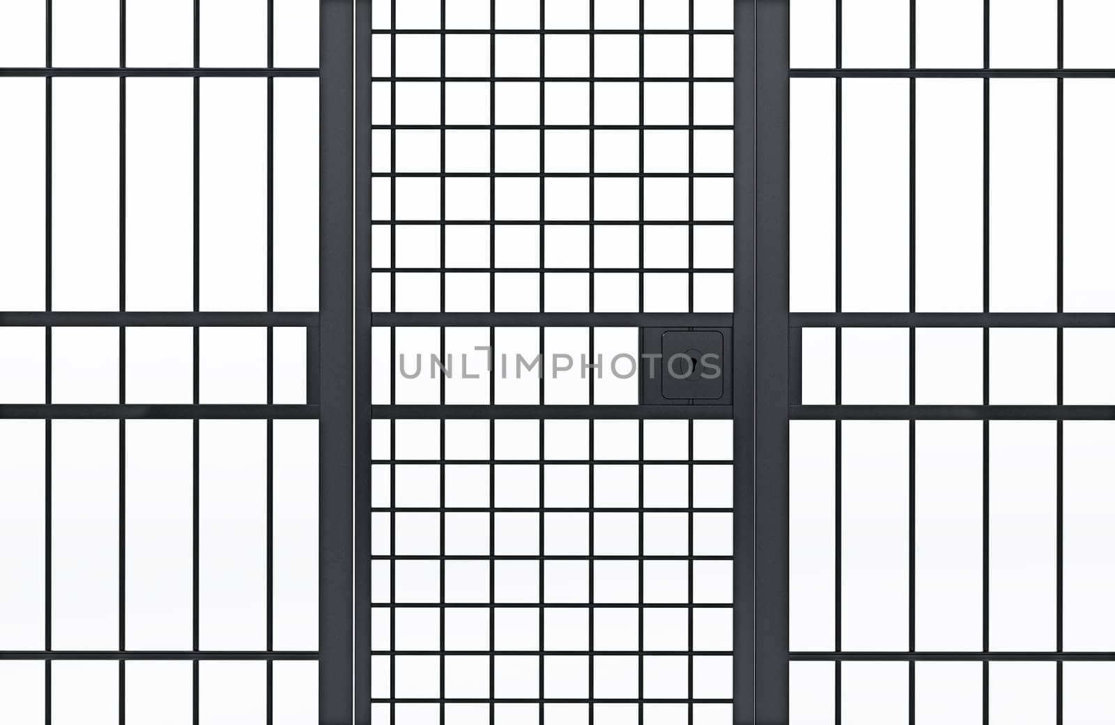 Closed door of a prison cell. 3D illustration.