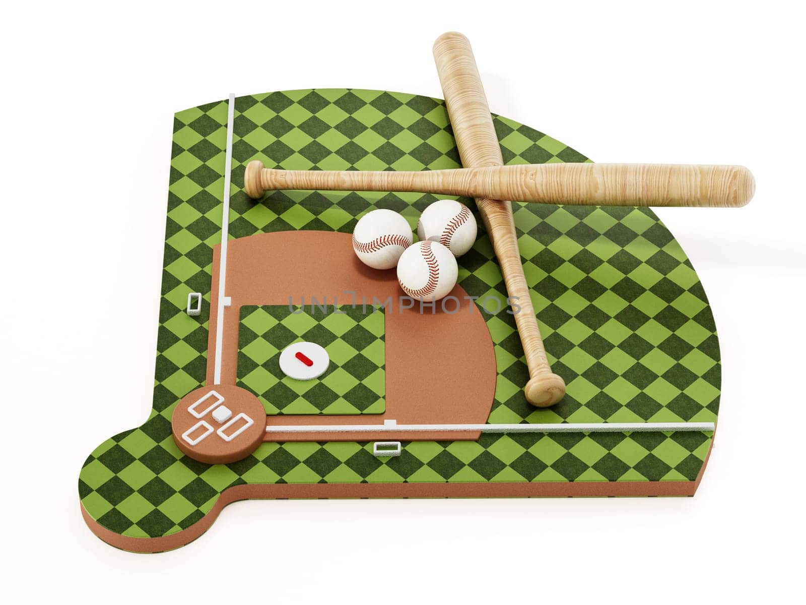 Baseball bat and ball standing on baseball court. 3D illustration.