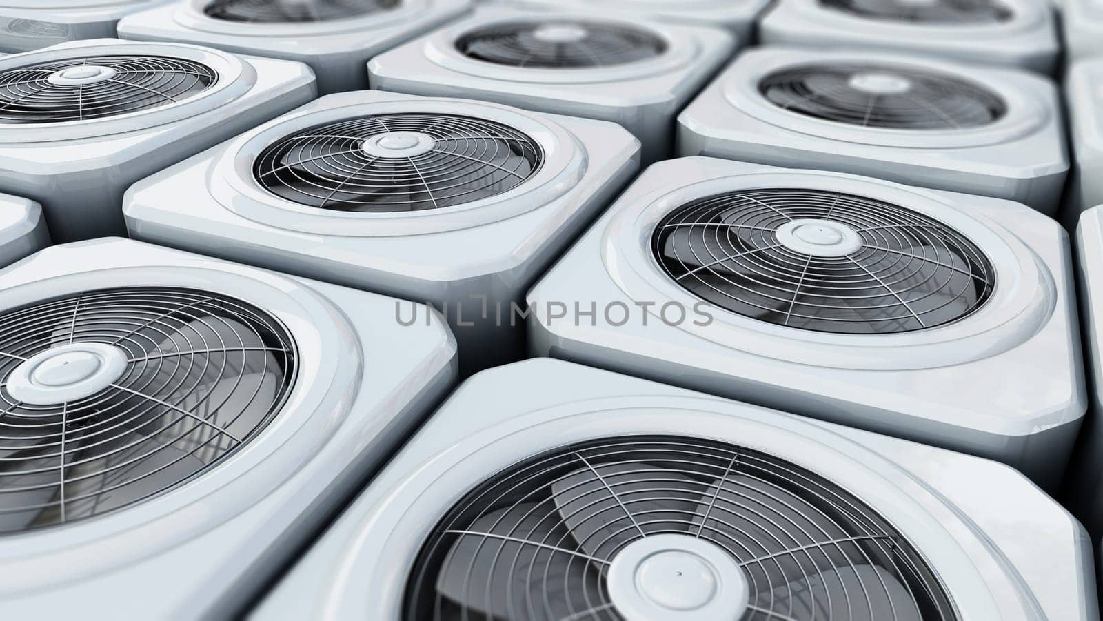 Generic air conditioner units in a row. 3D illustration.