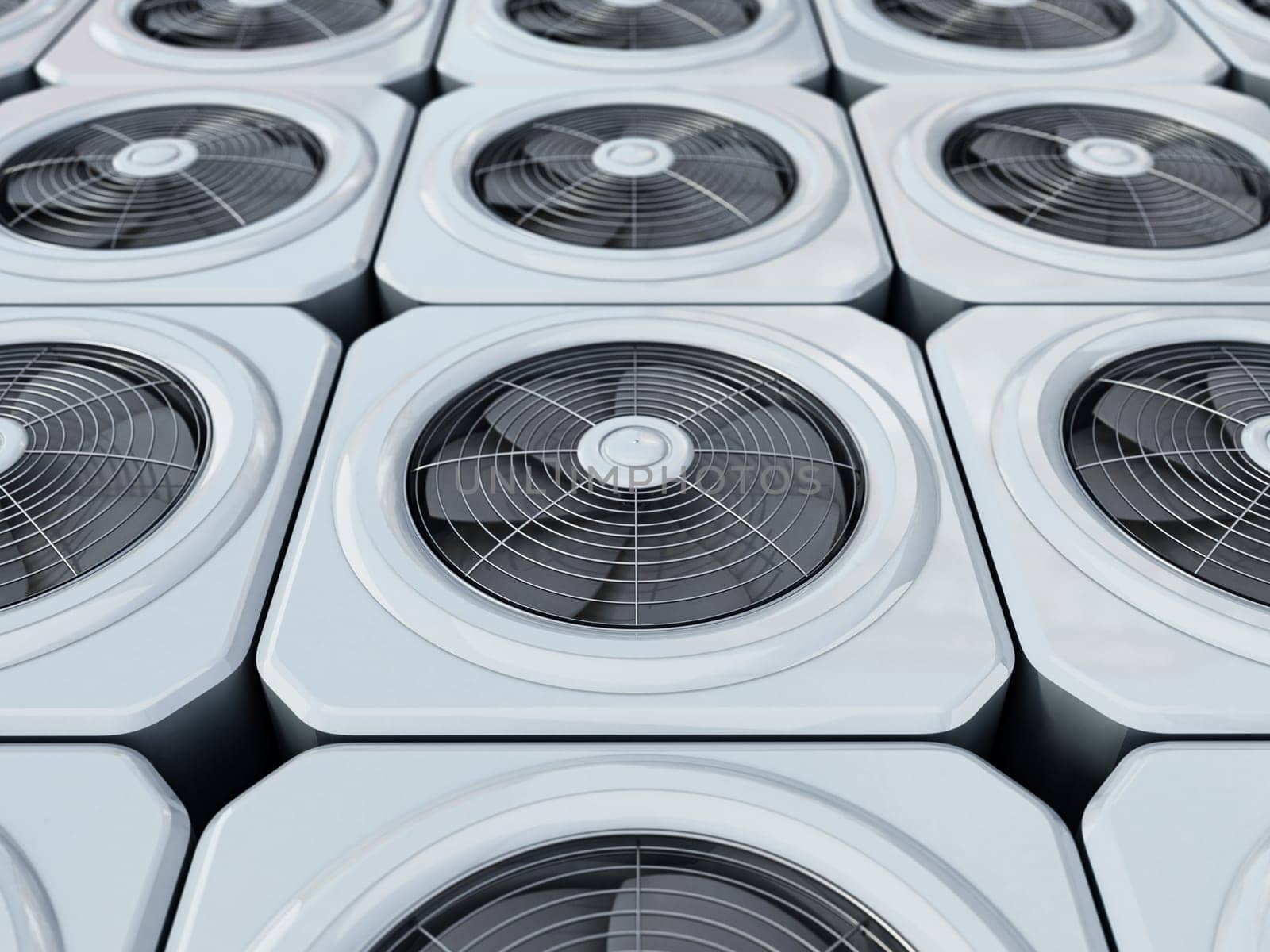 Generic air conditioner units in a row. 3D illustration.