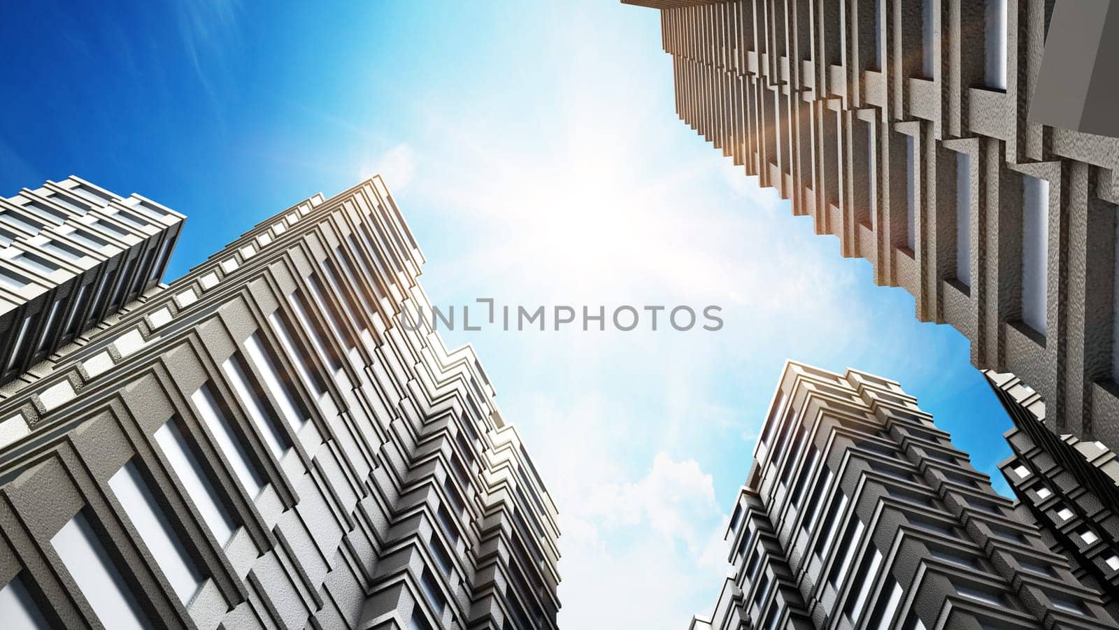 Modern buildings against blue sky. 3D illustration.