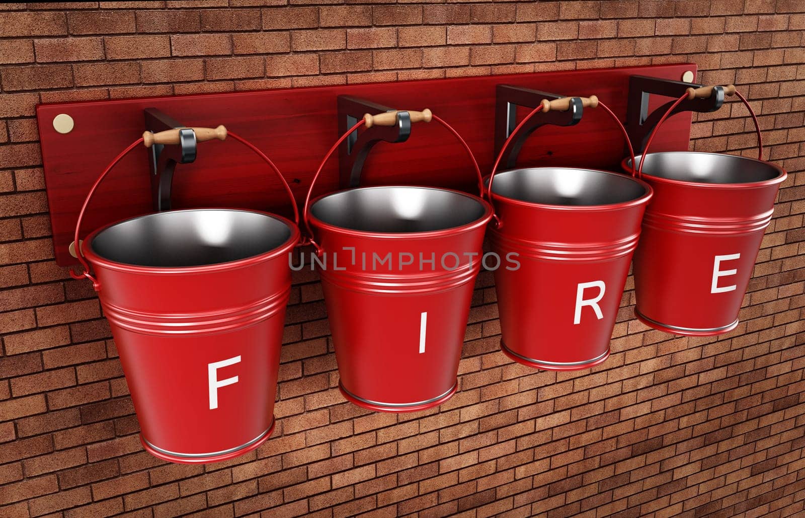 Vintage fire buckets hanging on the wall. 3D illustration.