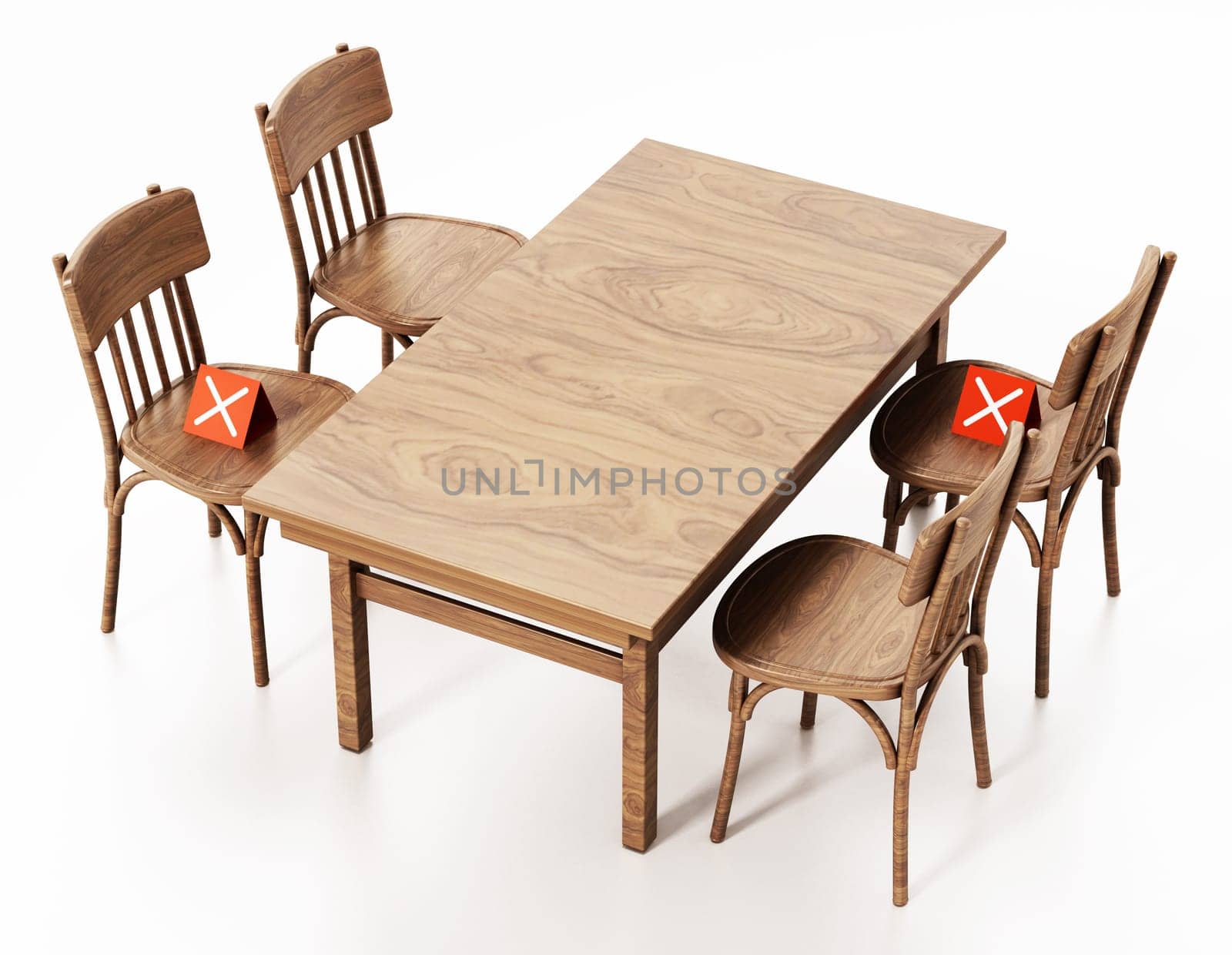 Restaurant or cafe table and chairs with cross icons. 3D illustration.