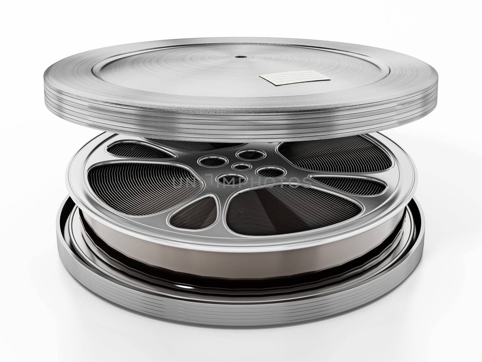 Film reel inside metal container. 3D illustration.