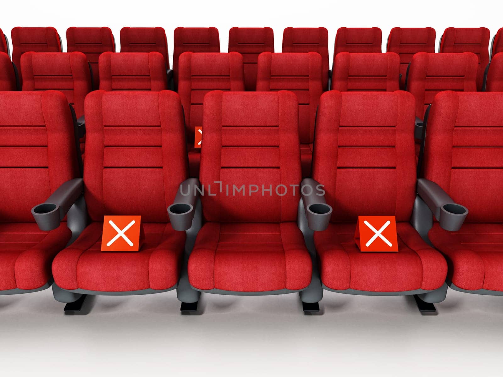 Cinema seats with cross icons. 3D illustration.