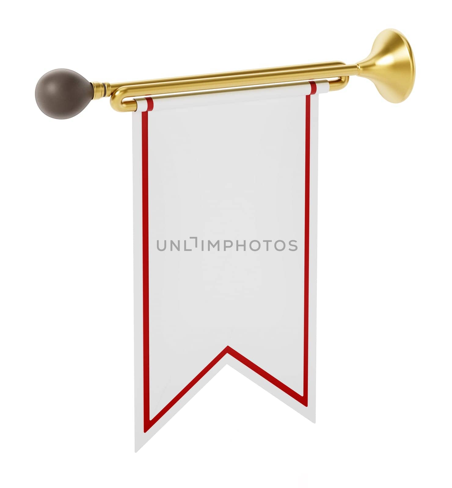 Trumpet with white flag isolated on white background. 3D illustration.