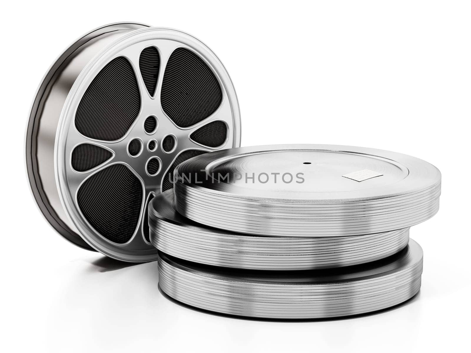Stack of film reels inside metal container. 3D illustration.