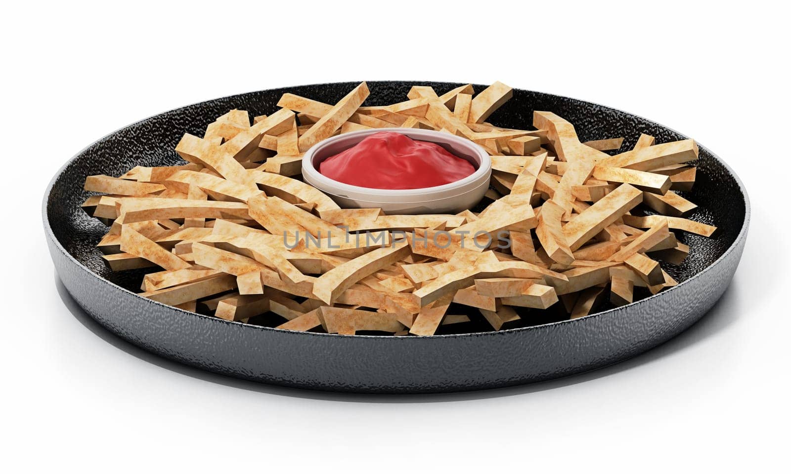French fries with ketchup in the dish isolated on white background. 3D illustration.
