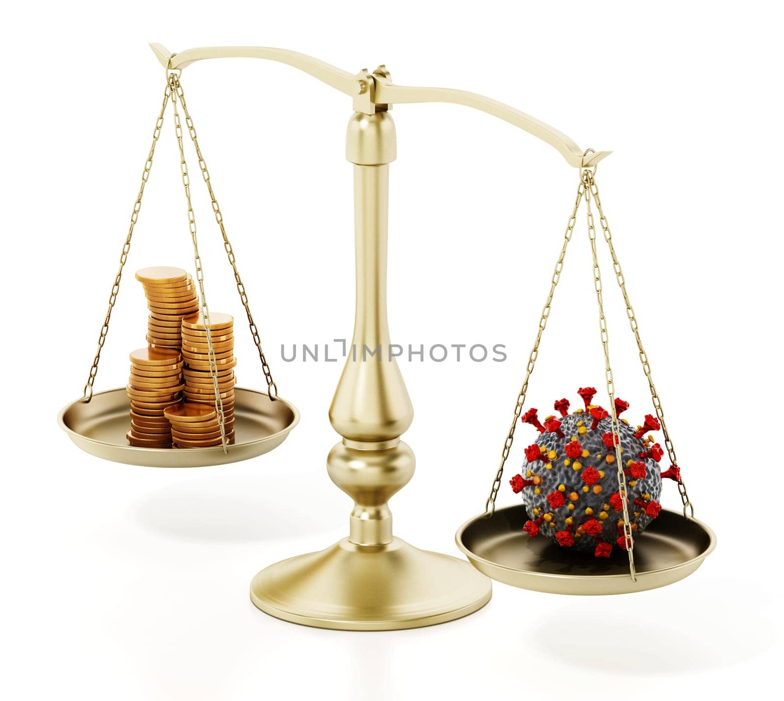 Coronavirus and gold coins standing on different sides of the balanced scale. 3D illustration.