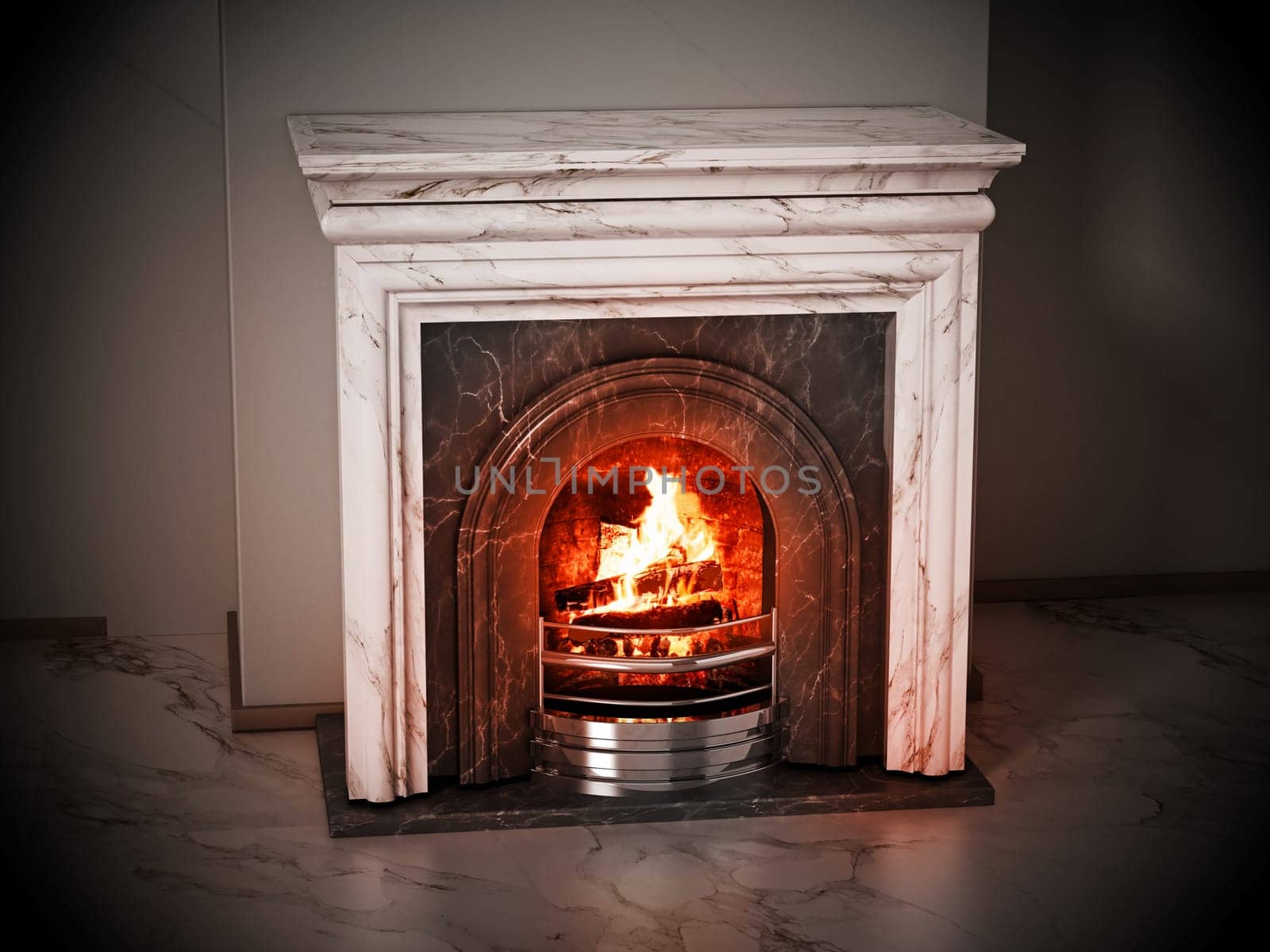 Burning wood logs inside fireplace. 3D illustration.