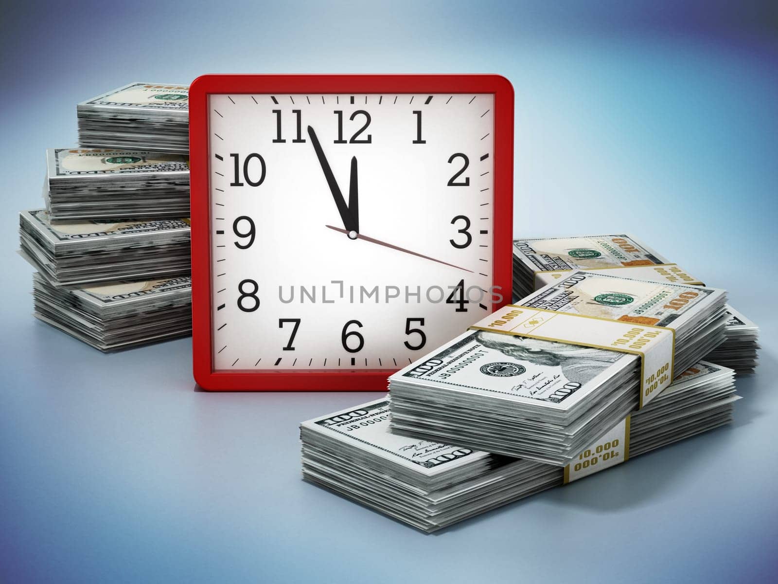 Alarm clock and dollar bills isolated on blue background. 3D illustration.