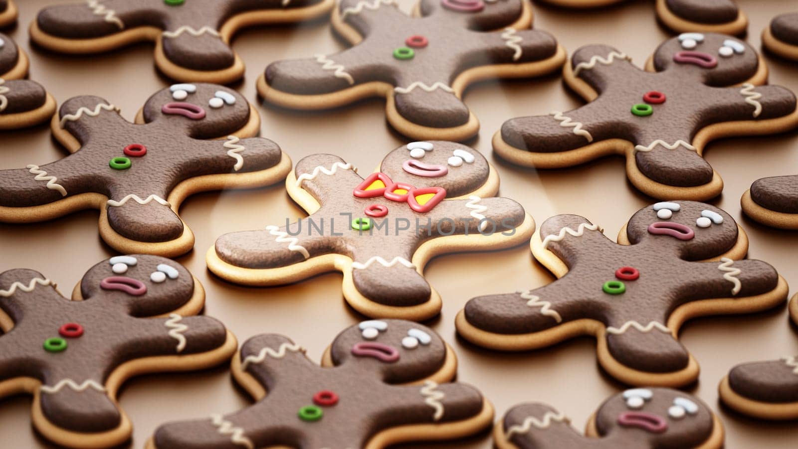 Happy gingerbread man cookie stands out in the crowd. 3D illustration.