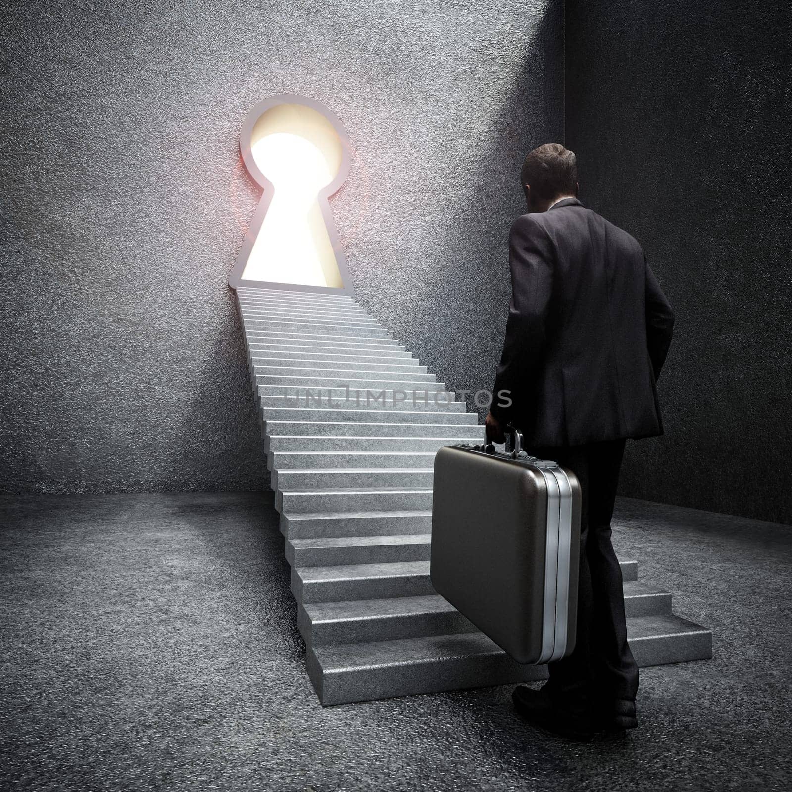Businessman standing in front of the ladders leading to the bright keyhole. 3D illustration.