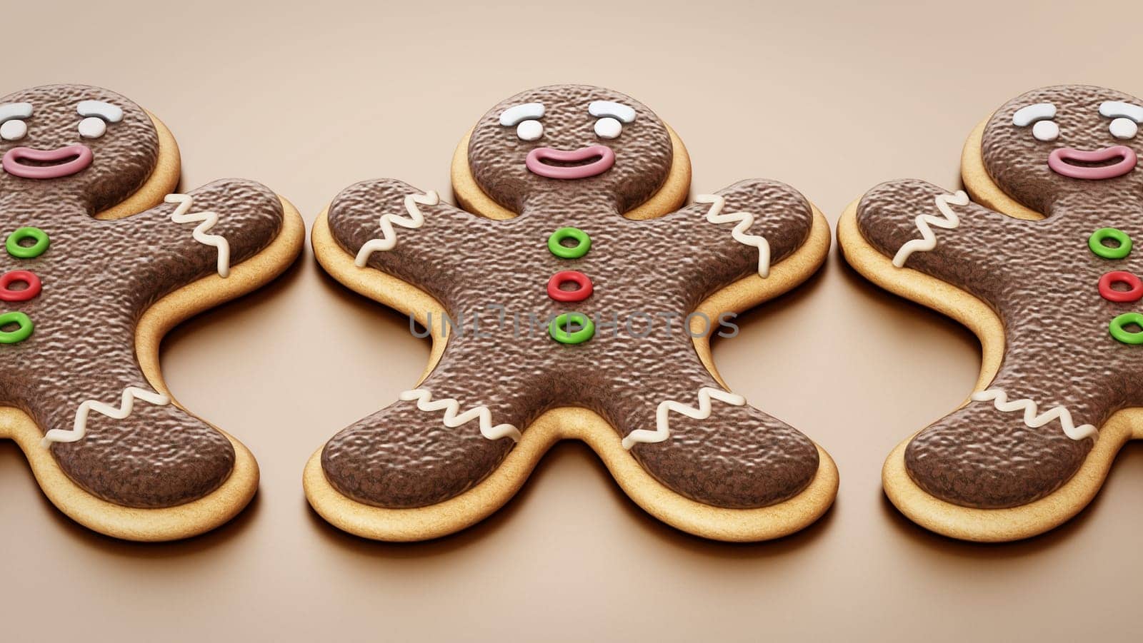 Gingerbread cookies in a row. 3D illustration.