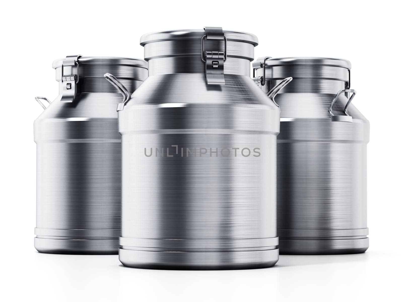 Metal retro milk cans isolated on white background. 3D illustration.