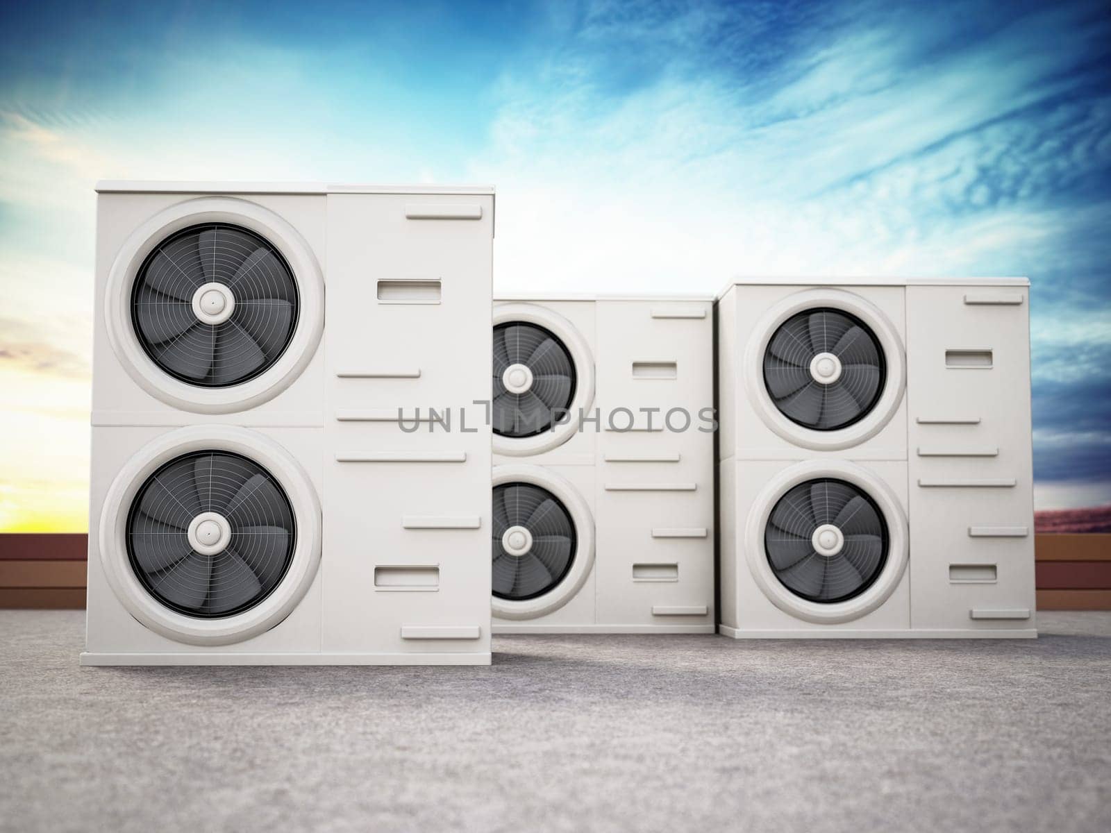 Generic air conditioner units at the roof. 3D illustration.