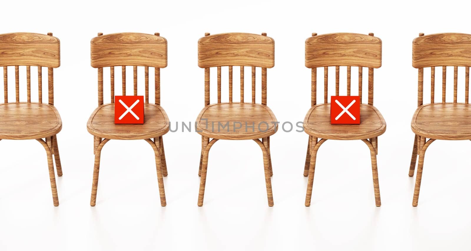 Chairs in a row with cross icons. 3D illustration.
