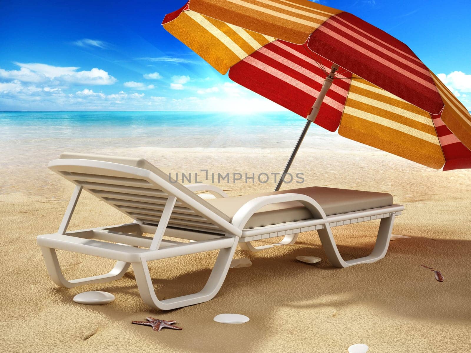 Sunbed and umbrella standing on the shore opposite to the sea view. 3D illustration.
