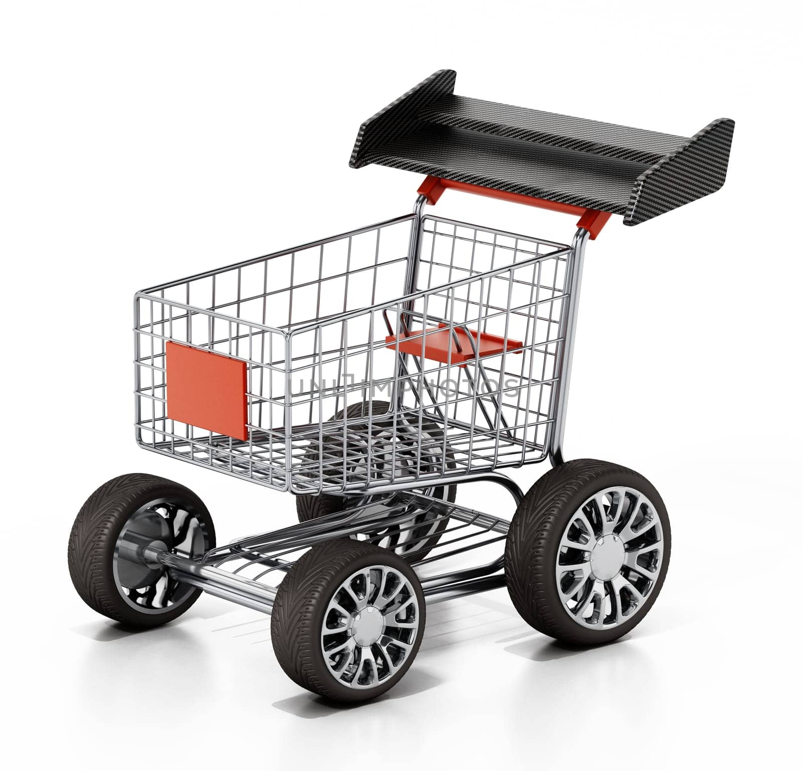 Shopping cart with sports tyres and a spoiler. 3D illustration.