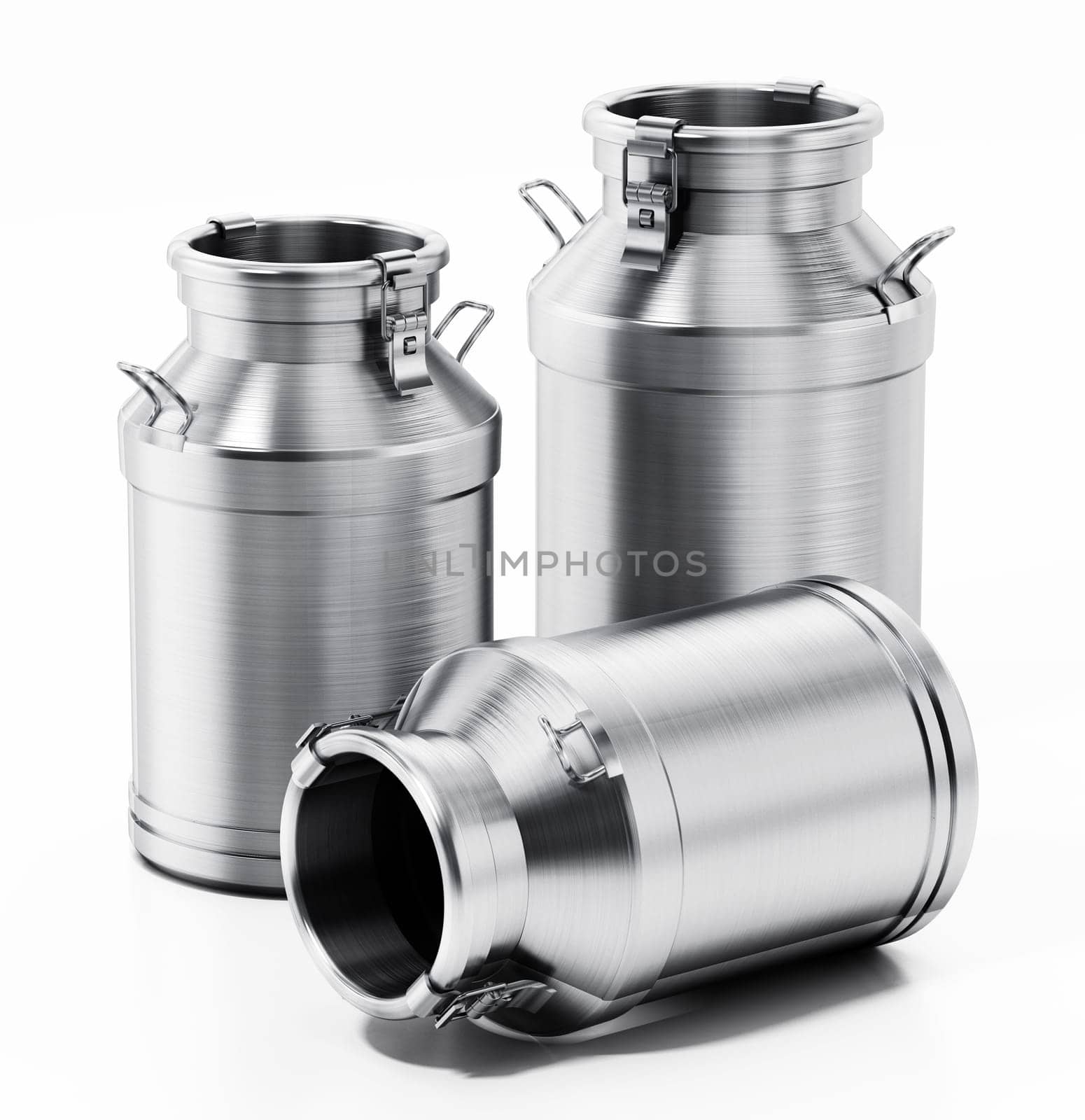 Metal retro milk cans isolated on white background. 3D illustration.