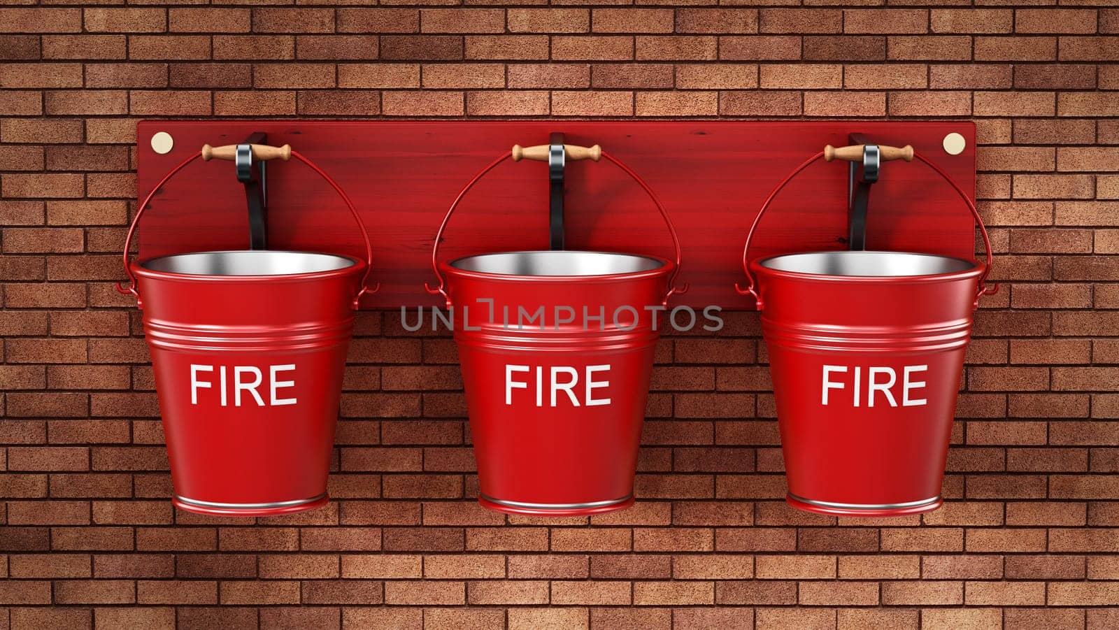 Vintage fire buckets hanging on the wall. 3D illustration.
