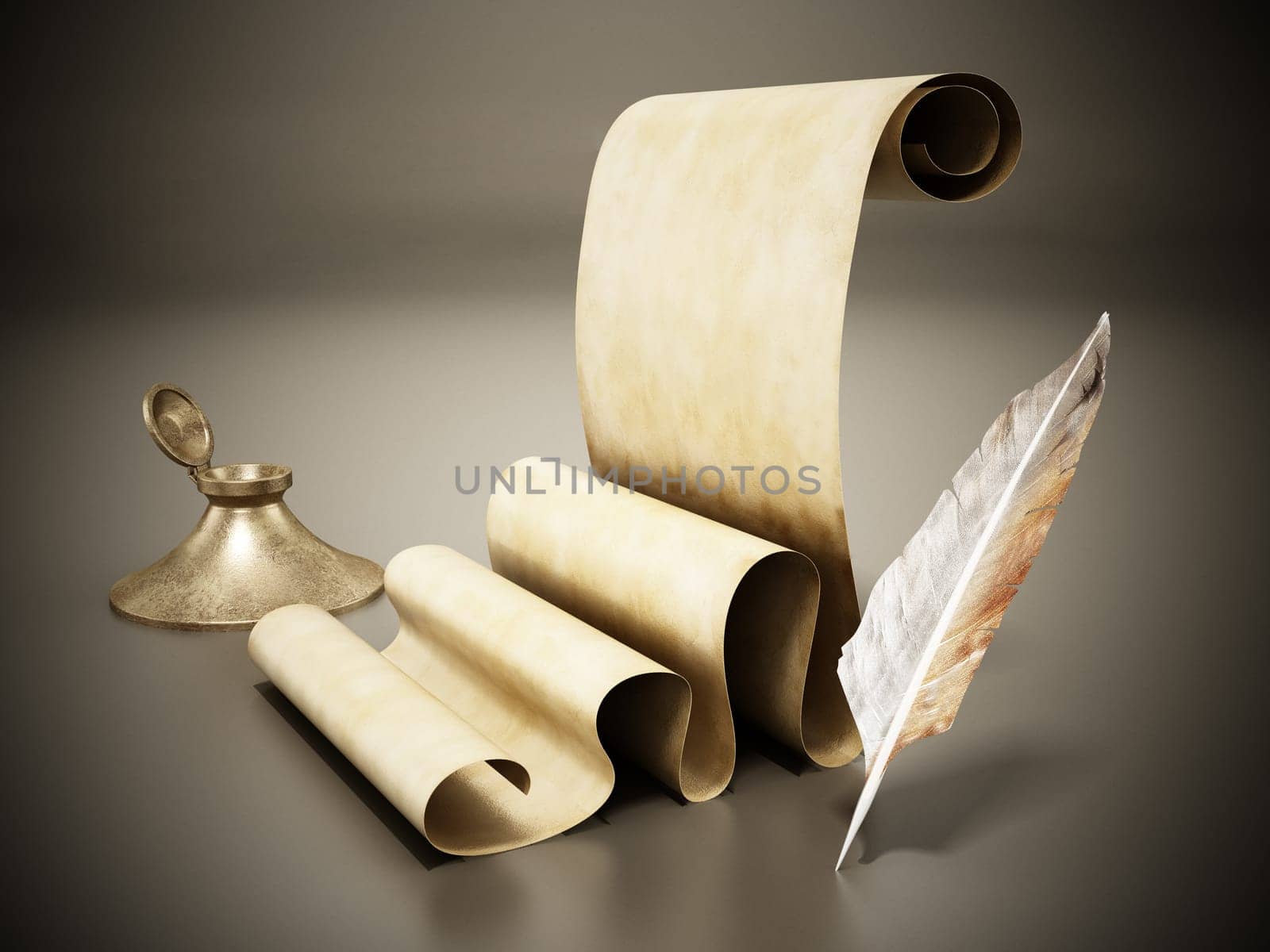 Ancient parchment, inkwell and quill. 3D illustration.