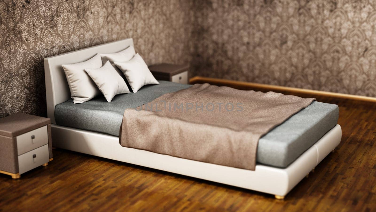 Comfortable modern bed inside bedroom. 3D illustration.