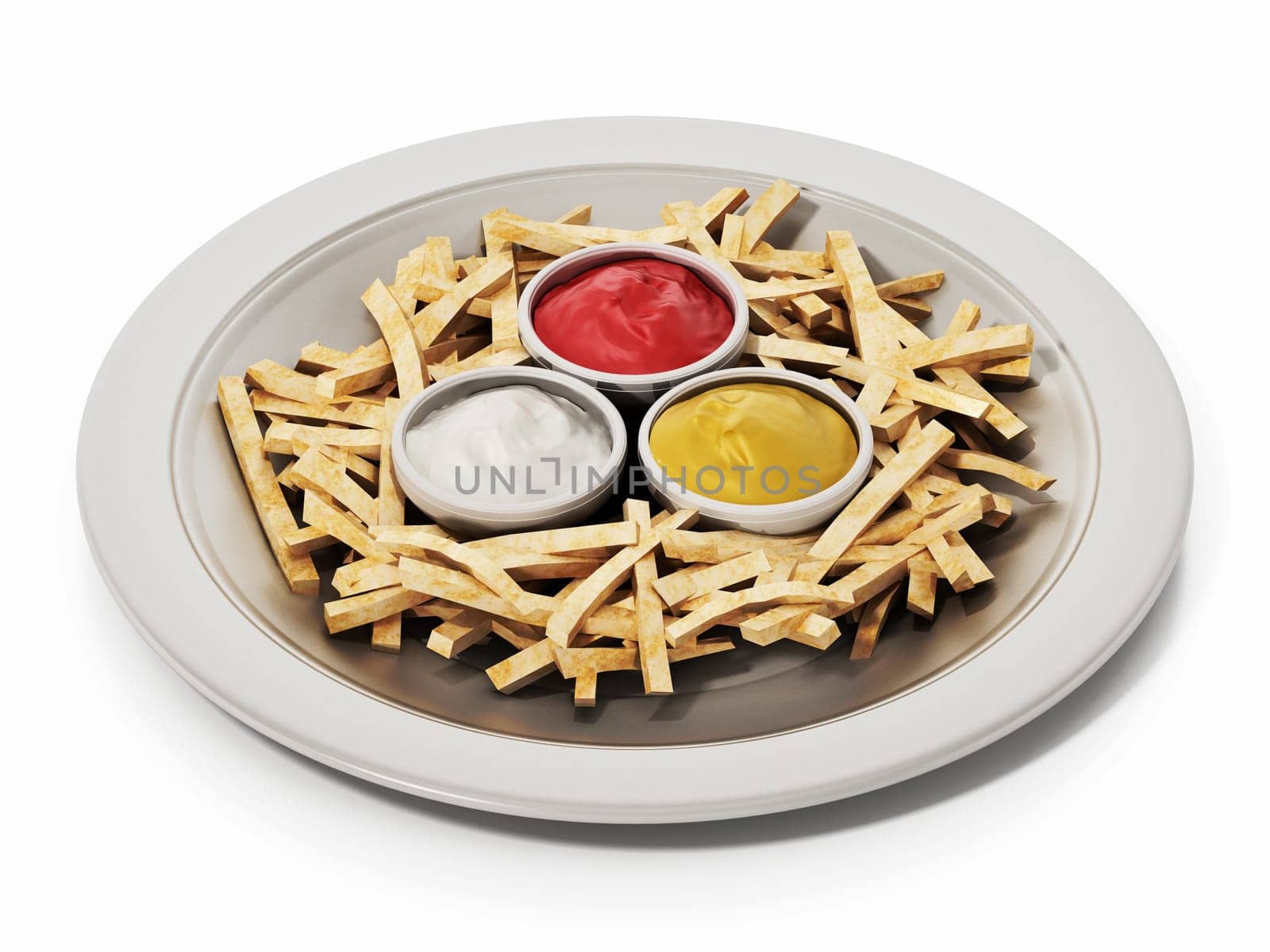 French fries with ketchup in the dish isolated on white background. 3D illustration.